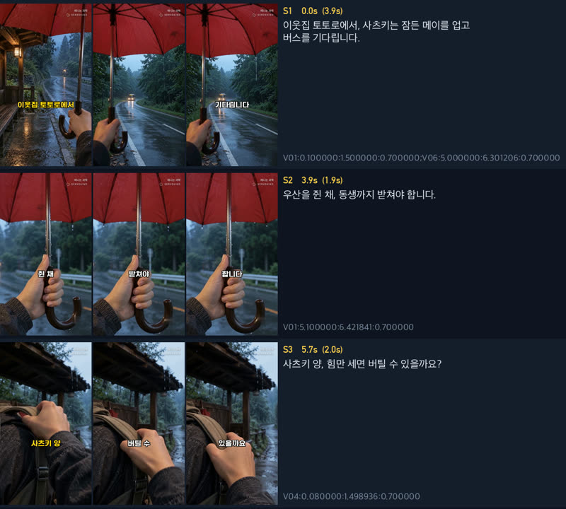 검수 시트(445편): 문장, 시간, 프레임 세 장.